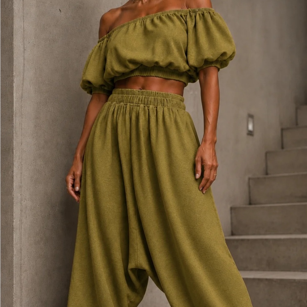Olive Off-Shoulder Crop Top & High-Waist Wide Jogger Set